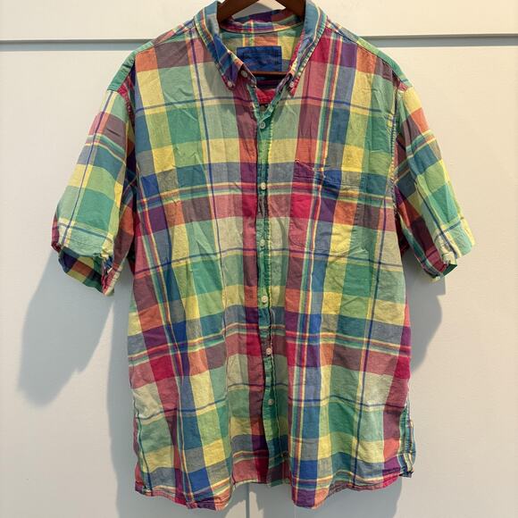 Madras Plaid Shirt Men XL Pastel Yellow Green Short Sleeve Bright Preppy Coastal - Picture 1 of 9